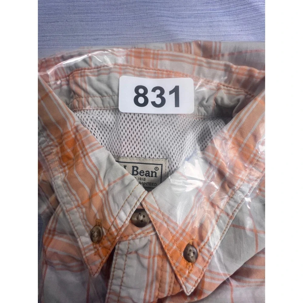 LL Bean Mens Technical Fishing Shirt Orange Plaid Vented L 299518